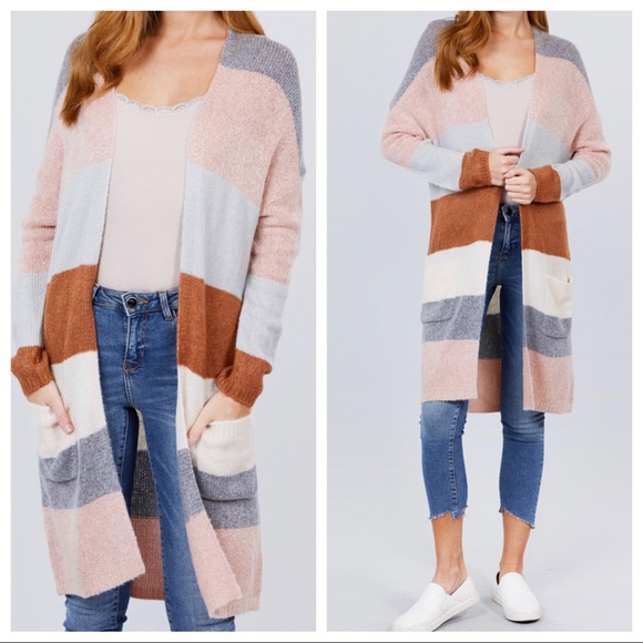 Boho chic color block knit cardigan with pockets - Picture 3 of 4